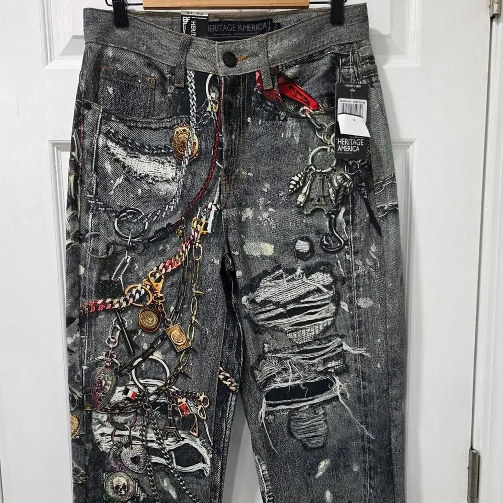 Heritage America Men's Distressed Graphic Jeans - Men's 30x33 NWT